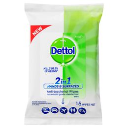 Dettol 2 in 1 Hands & Surfaces Anti-Bacterial Wipes 15 Pack