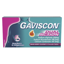 Gaviscon Dual Action Heartburn and Indigestion Relief Mixed Berry Flavour 16 Tablets