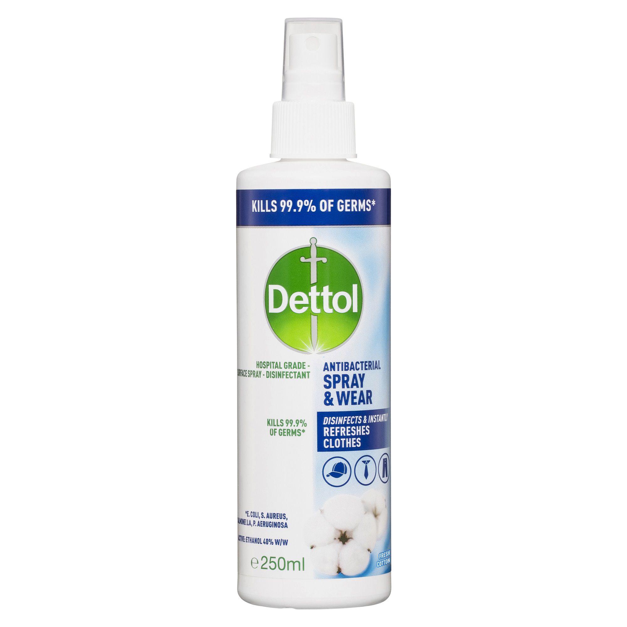 Dettol Antibacterial Spray Wear Fresh Cotton 250ml Introducing the new dettol disinfectant spray, which kills 100 illness causing germs. dettol antibacterial spray wear fresh